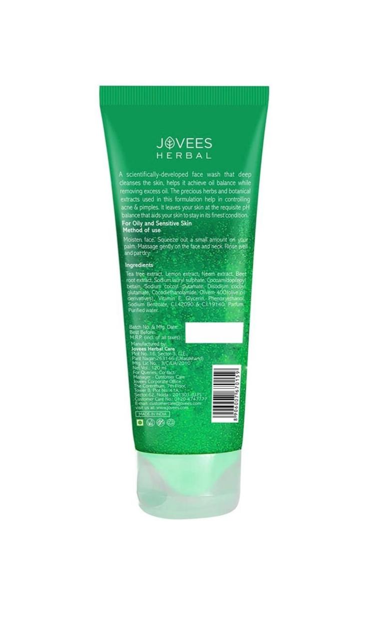 Jovees Herbal Tea Tree Oil Control Face Wash for Oily & Sensitive Skin  | Gentle Cleanser For All Skin Types - 120ml hover