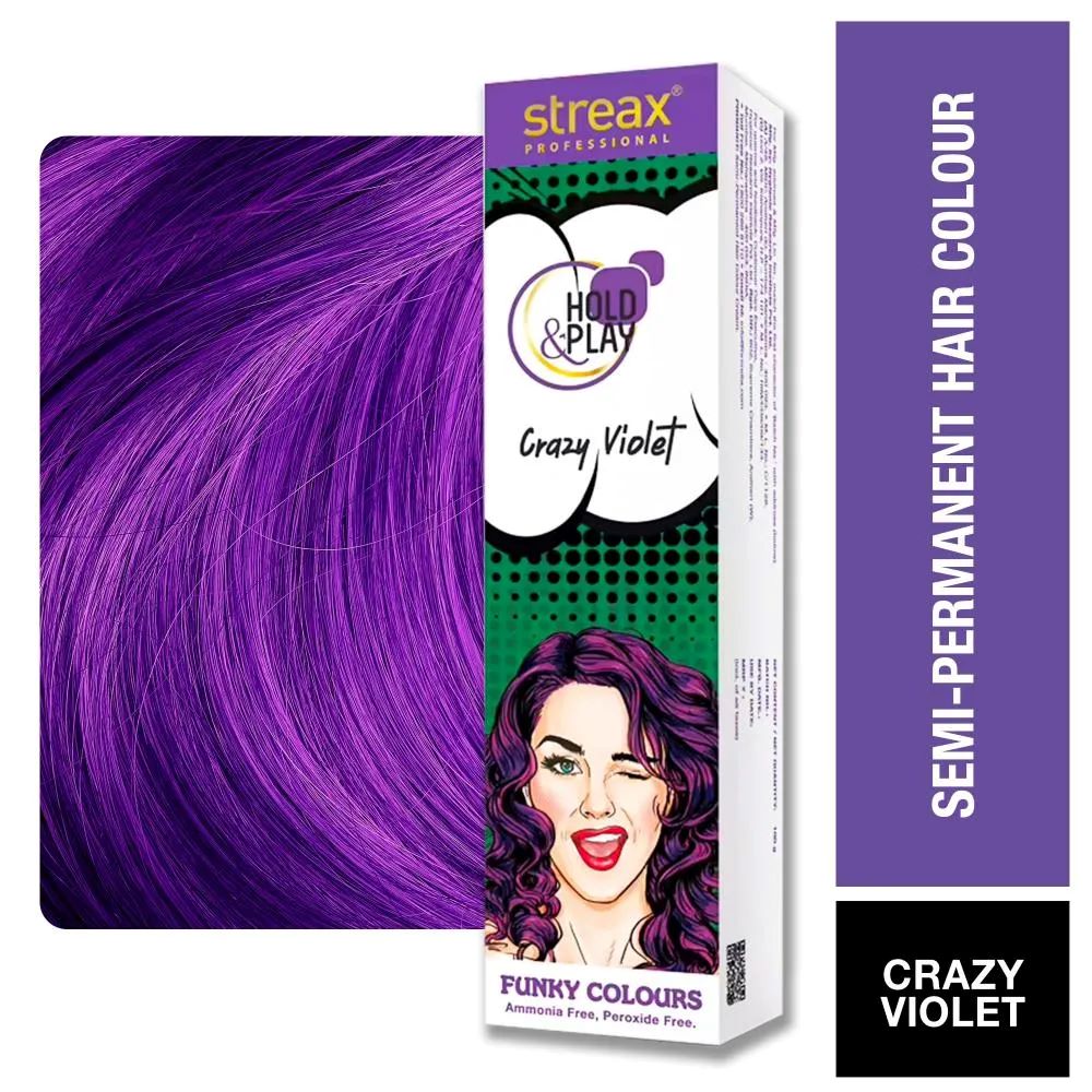 Streax Professional Hold & Play Funky Colour, Ammonia Free, Semi-Permanent Hair Colour, Crazy Violet (100gm)