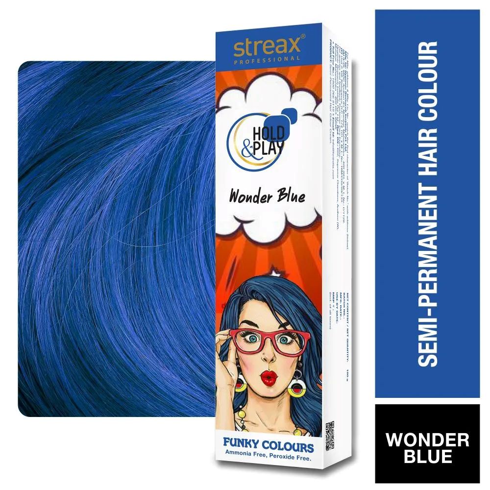 Streax Professional Hold & Play Funky Colour, Ammonia Free, Semi-Permanent Hair Colour, Wonder Blue (100gm)