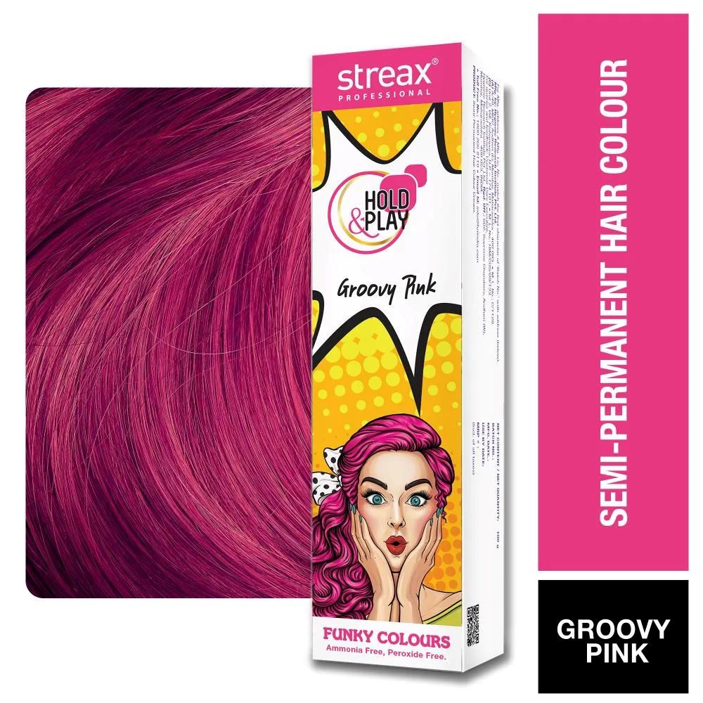 Streax Professional Hold & Play Funky Colour, Ammonia Free, Semi-Permanent Hair Colour, Groovy Pink (100gm)